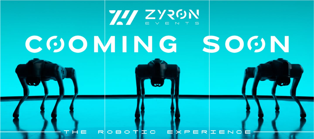 Three quadrupedal robot dogs in the Zyron robotic experience